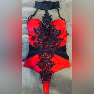 Fredericks Of Hollywood Bodysuit Red and Black Lace Lingerie